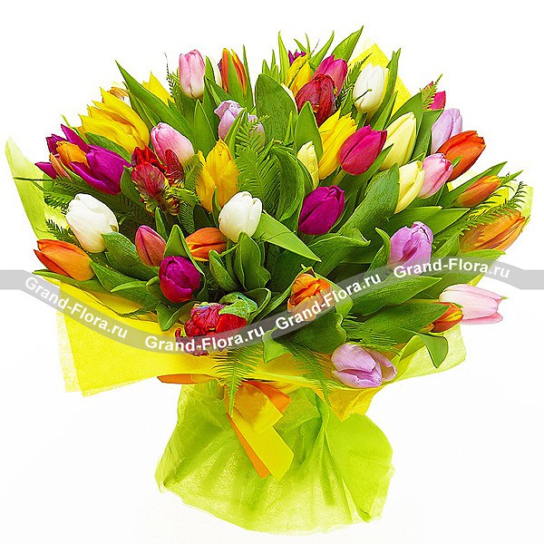 Обнимая радугу - букет из разноцветных тюльпанов