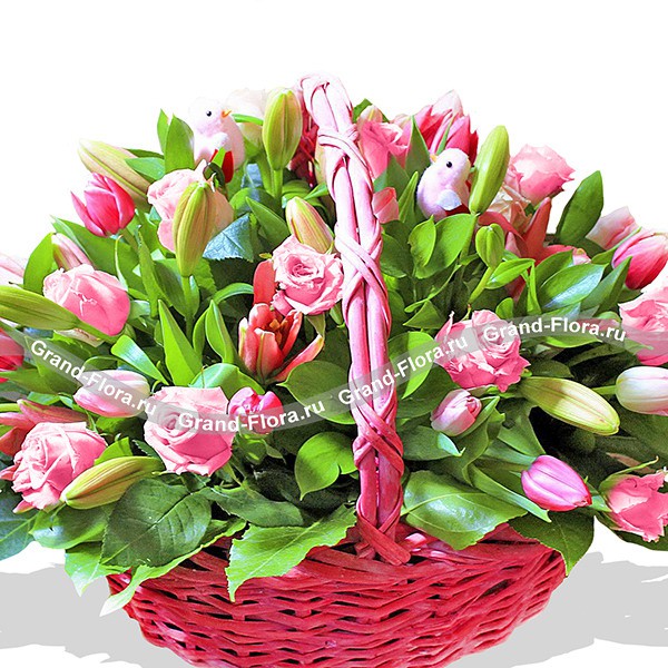 Красная шапочка - корзина из розовых роз и тюльпанов